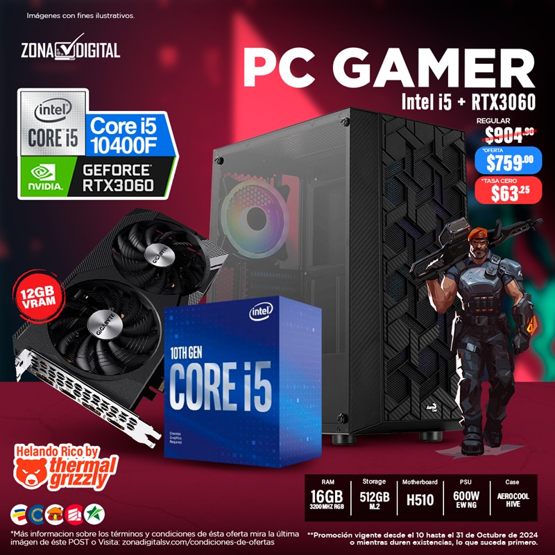 COMBO DE PC GAMER INTEL CORE i5 10400F + RTX3060, H510, RAM 16GB, SSD M.2 512GB