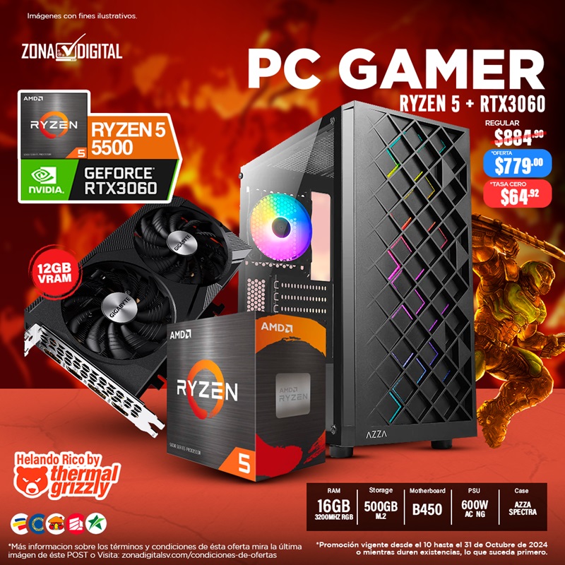 COMBO DE PC GAMER AMD RYZEN 5 5500 + RTX3060 12GB, B450, RAM 16GB, M.2 500GB