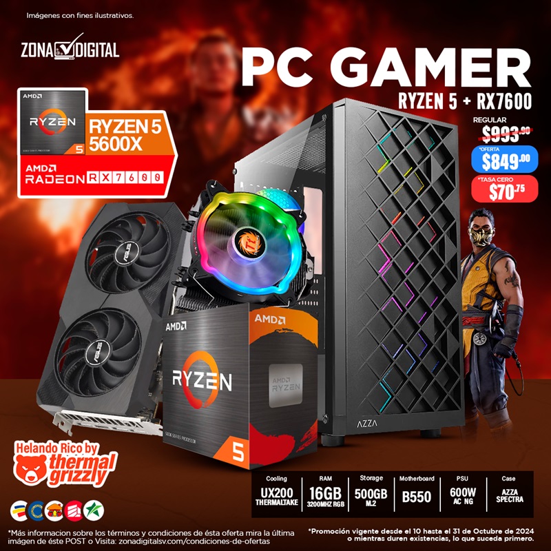 COMBO DE PC GAMER AMD RYZEN 5 5600X + RX7600, B550, RAM 16GB, SSD M.2 500GB 600W AC NG