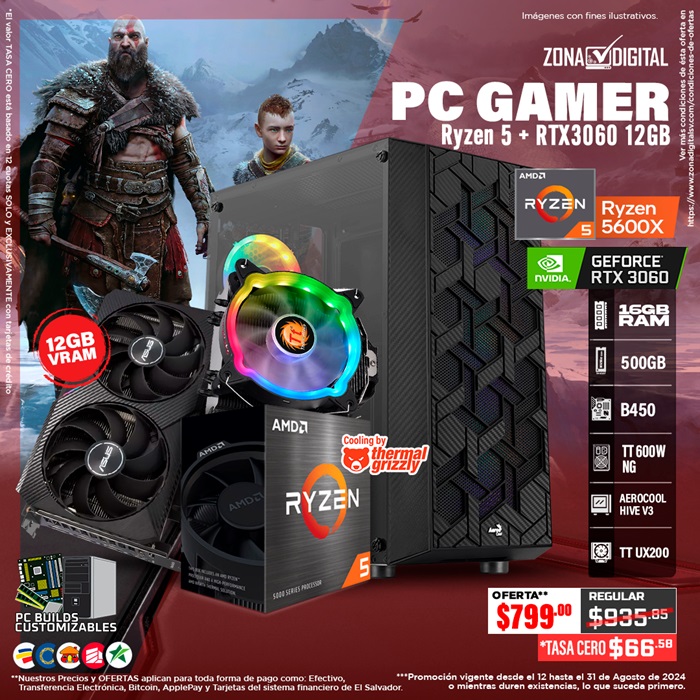 COMBO DE PC GAMER RYZEN 5600X + RTX3060 12GB, B450, RAM 16GB, M.2 500GB, TT 600W NG, UX200, HIVE V3