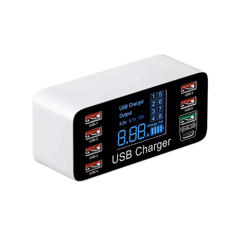 ESTACION DE CARGA CON 8 SALIDAS USB u TIPO C WLX-T9 CON PANTALLA INFORMATIVA