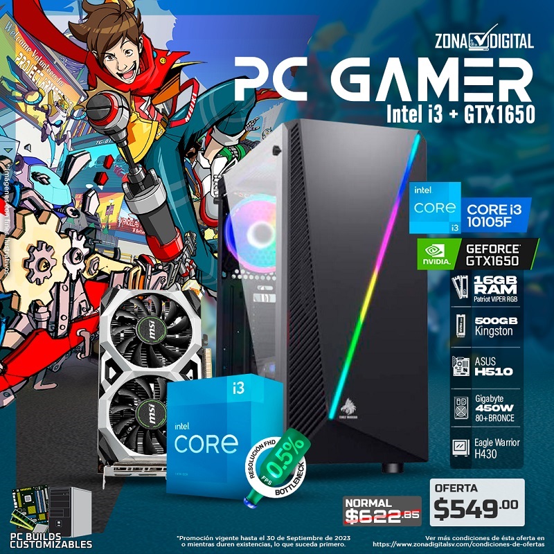COMBO DE PC GAMER INTEL CORE i3 10105F + GTX1650, H510, RAM 16GB, SSD 500GB 
