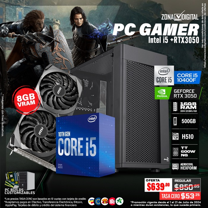 COMBO DE PC GAMER INTEL CORE i5 10400F + RTX3050, H510, RAM 16GB, M.2 500GB, HEXFORM, TT 600W NG