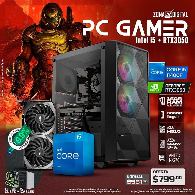 COMBO DE PC GAMER INTEL CORE i5 11400F + RTX3050, H510, RAM 16GB, SSD M.2 500GB