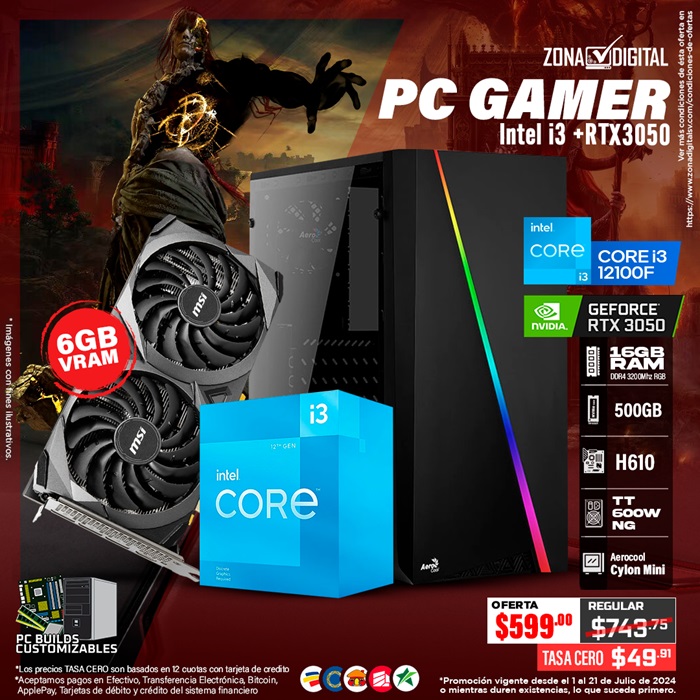 COMBO DE PC GAMER INTEL CORE i3 12100F, RTX3050, H610, RAM 16GB, M.2 500GB, CYLON MINI, TT 600W NG