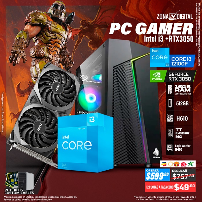 COMBO DE PC GAMER INTEL CORE i3 12100F, RTX3050, H610, RAM 16GB, SSD 500GB