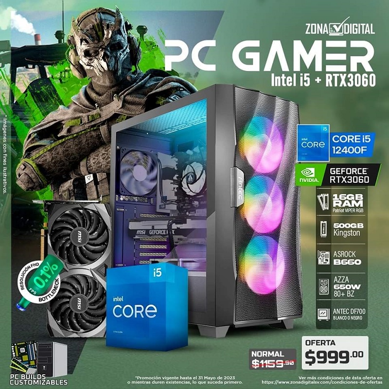 COMBO DE PC GAMER INTEL CORE i5 12400F + RTX3060, B660, RAM 16GB, SSD M.2 500GB
