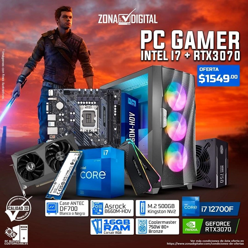 COMBO DE PC GAMER INTEL CORE i7 12700F + RTX3070, B660, RAM 16GB, SSD M.2 500GB
