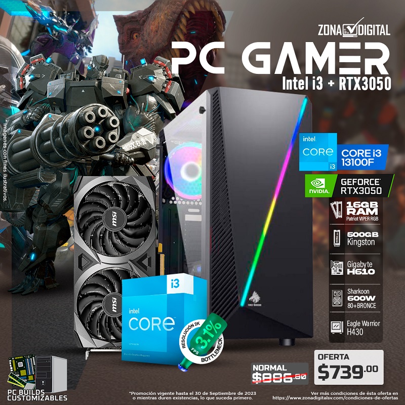 COMBO DE PC GAMER INTEL i3 13100F RTX3050 H610 RAM 16GB PSU 600W H430