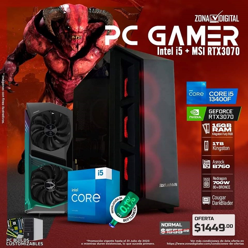 COMBO DE PC GAMER INTEL CORE i5 13400F + RTX3070, B760, RAM 16GB, SSD M.2 500GB