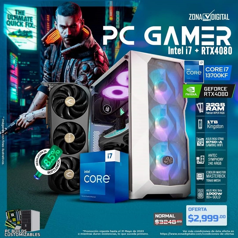 COMBO DE PC GAMER INTEL CORE i7 13700KF + RTX4070TI, Z790, RAM 32GB, SSD M.2 1TB