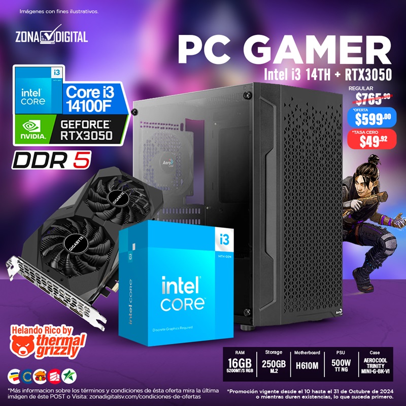 COMBO DE PC GAMER INTEL CORE i3 14100F RTX3050 H610, RAM DDR5 16GB M.2 250GB