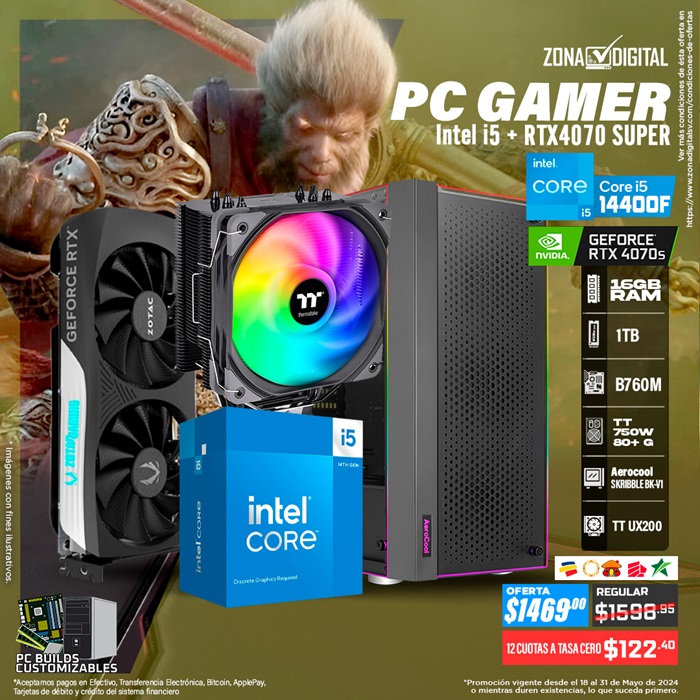 COMBO DE PC GAMER INTEL CORE i5 14400F, RTX4070s, B760, RAM 16GB, SSD 1TB