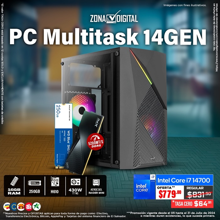 COMBO PC MULTITASK INTEL CORE i7 14700, H610, RAM DDR5 16GB, M.2 250GB, PSU 430W NG, RAIDER MINI