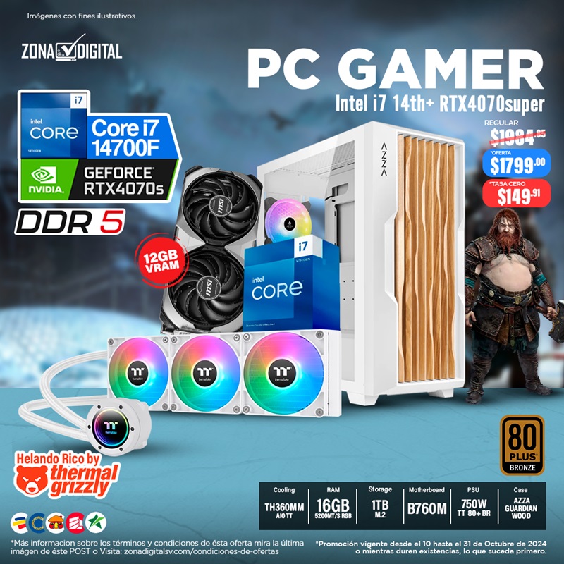 COMBO DE PC GAMER INTEL i7 14700F RTX4070 SUPER, B760, RAM DDR5 16GB, SSD 1TB 750W TT TH360