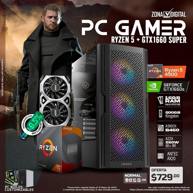 COMBO DE PC GAMER AMD RYZEN 5 4500, GTX1660S, B450, RAM 16GB, SSD 500GB