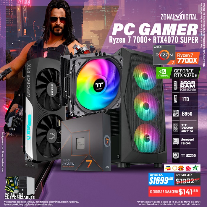 COMBO DE PC GAMER AMD RYZEN 7 7700X, RTX4070Super, B650, RAM DDR5 16GB, M.2 1TB, SKRIBBLE