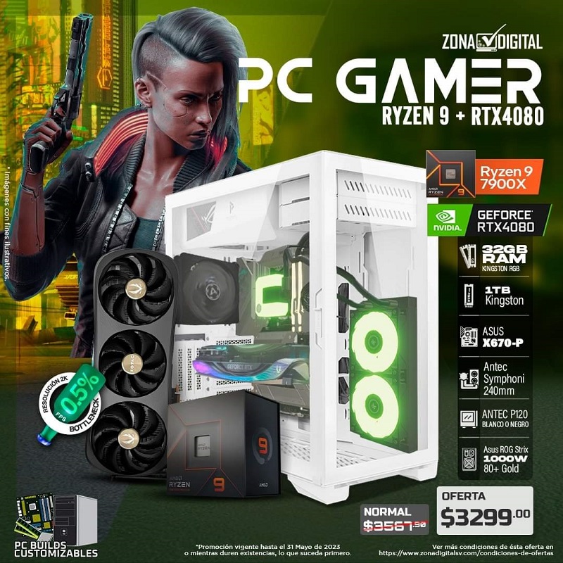 COMBO DE PC GAMER AMD RYZEN 7900X, RTX4080, RAM DDR5 32GB, SSD 1TB, 1000W 80+GD, P120
