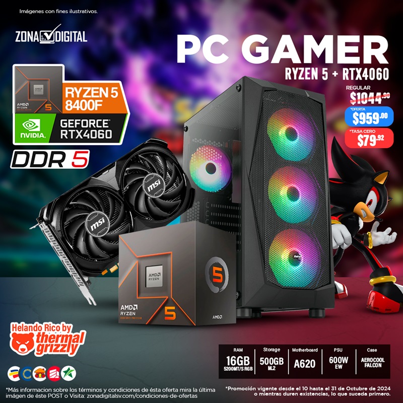 COMBO DE PC GAMER RYZEN 5 8400F + RTX4060 8GB, A620, RAM 16GB DDR5, M.2 500GB, EW 600W