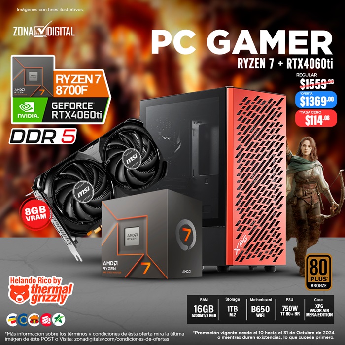 COMBO DE PC GAMER RYZEN 7 8700F + RTX4060TI 8GB, B650 WIIF, RAM 16GB DDR5, M.2 1TB, TT 750W 80+BR