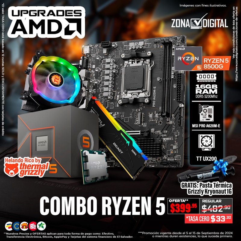 PROC AMD RYZEN 5 8500G + MB MSI PRO A620M-E AM5 + RAM DDR5 KINGSTON FURY 16GB 5200MHz RGB  + DISIPADOR TT UX200