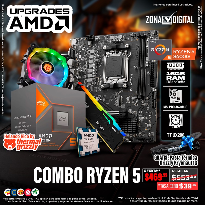 PROC AMD RYZEN 5 8600G + MB MSI PRO A620M-E AM5 + RAM DDR5 KINGSTON FURY 16GB 5200MHz RGB + DISIPADOR TT UX200