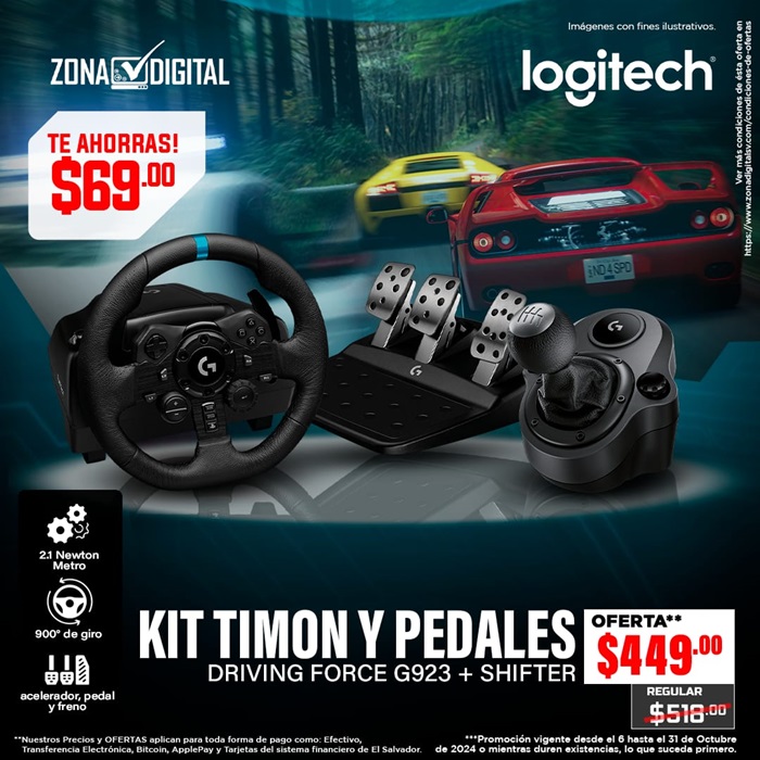 KIT TIMON Y PEDALES DRIVING FORCE LOGITECH G923 + PALANCA LOGITECH DRIVING FORCE